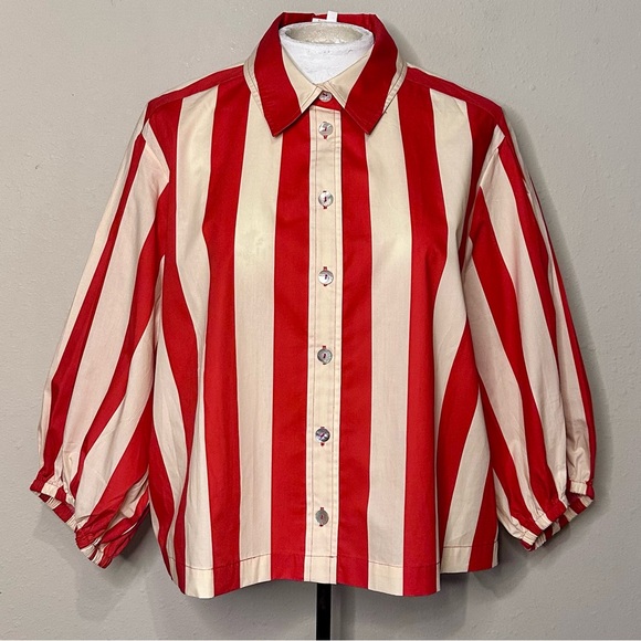 Hope for Flowers/Tracy Reece | awning stripe tucked sleeve top red/cream - Picture 5 of 16